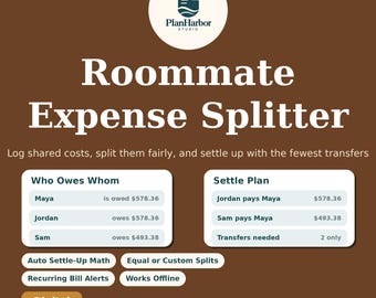 Puede incluir: Una plantilla digital de divisor de gastos para compañeros de piso sobre un fondo marrón. Incluye secciones de Who Owes Whom y Settle Plan, con texto que detalla costes compartidos, cálculos automáticos, divisiones personalizadas y alertas.