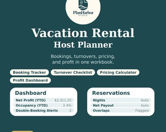 Puede incluir: Un planificador digital para anfitriones de alquiler vacacional de PlanHarbor Studio. La interfaz azul oscuro muestra un panel con beneficio neto, ocupación y alertas, junto a una sección de reservas, pagos y solapamientos.
