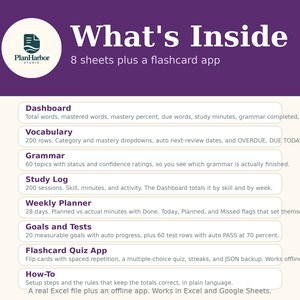 May include: A purple and white informational graphic titled What's Inside, detailing 8 sheets and a flashcard app. It lists features including a Dashboard, Vocabulary, Grammar, Study Log, Weekly Planner, Goals and Tests, Flashcard Quiz App, and How-To.