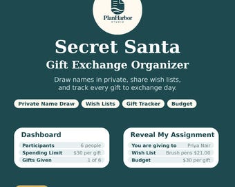Puede incluir: Un organizador digital de intercambio de regalos de Secret Santa de PlanHarbor Studio. La interfaz incluye un panel con seguimiento de participantes, límites de gasto y estado de regalos, además de una sección de asignación.