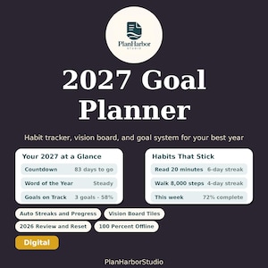 May include: A digital 2027 goal planner by PlanHarbor Studio featuring a habit tracker and vision board. The interface displays a 2027 at a glance section with a countdown, word of the year, and goal progress, plus a habits that stick section.