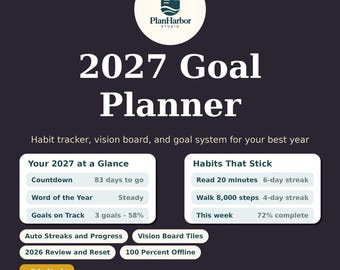 Puede incluir: Un planificador de objetivos digital 2027 de PlanHarbor Studio con rastreador de hábitos y tablero de visión. La interfaz muestra una sección de 2027 de un vistazo con cuenta regresiva, palabra del año y progreso de objetivos.