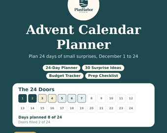 Puede incluir: Un planificador digital de calendario de Adviento de PlanHarbor Studio sobre un fondo verde azulado oscuro. Incluye un planificador de 24 días, 30 ideas de sorpresas, un rastreador de presupuesto y una lista de verificación de preparación.