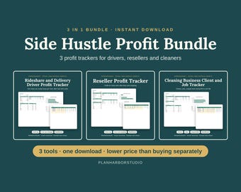 Puede incluir: Un paquete digital Side Hustle Profit Bundle con tres hojas de cálculo para conductores, revendedores y empresas de limpieza. El gráfico azul oscuro muestra el texto 3 in 1 bundle, instant download y PlanHarborStudio.