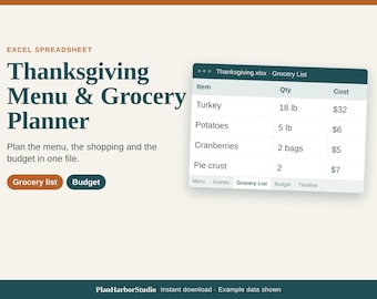 Puede incluir: Una hoja de cálculo de Excel titulada Thanksgiving Menu & Grocery Planner. La interfaz muestra una tabla con columnas para Item, Qty y Cost, listando Turkey a 18 lb, Potatoes a 5 lb, Cranberries a 2 bags y Pie crust a 2, con botones para Grocery list y Budget.