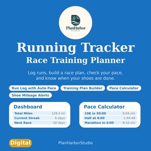 May include: A blue digital Running Tracker Race Training Planner with white text. Features include a Run Log, Training Plan Builder, Pace Calculator, and Shoe Mileage Alerts. The dashboard displays total miles, streaks, and race countdowns.
