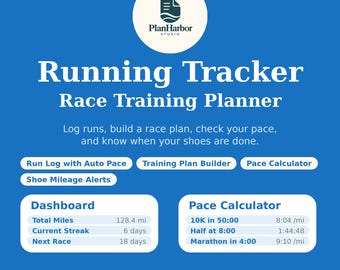 Puede incluir: Un planificador de entrenamiento de carrera digital azul con texto blanco. Incluye registro de carreras, creador de planes, calculadora de ritmo y alertas de kilometraje. El panel muestra el total de millas y fechas de carreras.