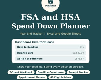 Puede incluir: Un planificador digital de gastos FSA y HSA para Excel y Google Sheets. El gráfico de color verde azulado oscuro presenta un panel con fórmulas en vivo que muestran los días hasta la fecha límite, el saldo restante y el riesgo de pérdida.