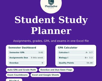 Puede incluir: Un planificador de estudios digital morado para Excel y Google Sheets. El gráfico presenta el logotipo de PlanHarbor Studio, un panel de semestre y una calculadora de GPA. El texto incluye Assignments, grades, GPA, and exams in one Excel file.