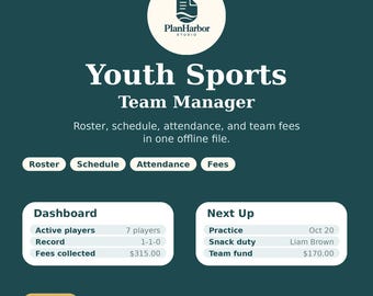 Puede incluir: Una plantilla digital de color verde azulado oscuro para un gestor de equipos deportivos juveniles de PlanHarbor Studio. Incluye secciones para lista, horario, asistencia y cuotas, con un panel que muestra 7 jugadores activos y el 20 de oct.