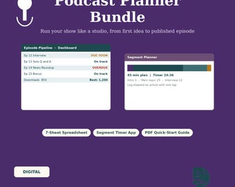 Puede incluir: Un paquete de planificador de podcasts digital sobre un fondo morado. Incluye un panel de control de episodios, un planificador de segmentos con un plan de 45 minutos y etiquetas para una hoja de cálculo, una aplicación de temporizador y una guía.