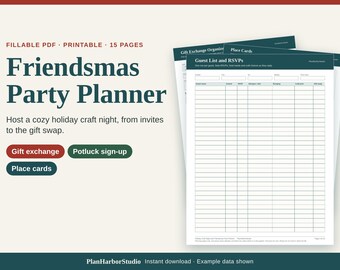 Puede incluir: Un planificador de fiestas Friendsmas de 15 páginas, PDF rellenable e imprimible. El documento incluye una tabla de lista de invitados y confirmaciones de asistencia, con botones etiquetados Gift exchange, Potluck sign-up y Place cards.