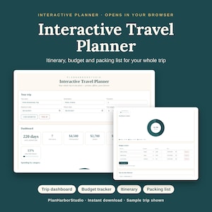 May include: An interactive travel planner digital tool featuring a dashboard with trip details, budget tracker, and itinerary. The interface displays text including Interactive Travel Planner, Trip dashboard, Budget tracker, Itinerary, and Packing list.