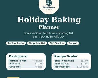 Puede incluir: Un planificador digital de repostería navideña de PlanHarbor Studio con panel de control y escalador de recetas. La interfaz incluye secciones para escalar recetas, lista de compras, seguimiento de regalos y presupuesto con datos detallados.