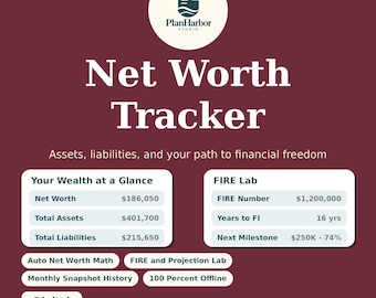 Puede incluir: Una plantilla digital de seguimiento de patrimonio neto sobre un fondo granate oscuro. Incluye secciones para Your Wealth at a Glance y FIRE Lab, mostrando datos financieros como patrimonio neto, activos, pasivos y el número FIRE. Incluye marca PlanHarbor Studio.