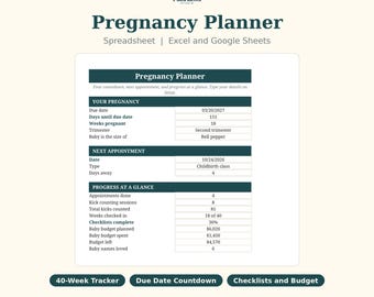 Puede incluir: Una hoja de cálculo digital de planificador de embarazo para Excel y Google Sheets. La interfaz muestra secciones para detalles del embarazo, citas y seguimiento del progreso, incluyendo una fecha de parto del 20/03/2027.