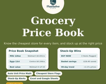 Puede incluir: Una plantilla digital de libro de precios de comestibles con un fondo verde oliva oscuro. Incluye el logotipo de PlanHarbor Studio, el texto Grocery Price Book y secciones para Price Book Snapshot y Stock-Up Wins, con datos de leche y huevos.