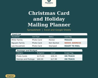 Puede incluir: Un planificador digital de tarjetas de Navidad y correo festivo para Excel y Google Sheets. Incluye una tabla de lista de tarjetas con el estado de los hogares y una tabla de presupuesto con montos, además de botones para 150 filas.