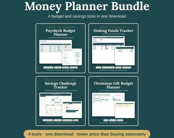 Puede incluir: Un paquete de planificadores financieros digitales con cuatro herramientas de presupuesto y ahorro: Paycheck Budget Planner, Sinking Funds Tracker, Savings Challenge Tracker y Christmas Gift Budget Planner en un gráfico azul oscuro.
