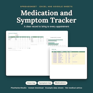 Feuille de calcul de suivi des médicaments et des symptômes | Journal des doses, dossier de santé du soignant (Excel, Google Sheets)
