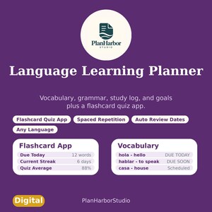 Puede incluir: Un planificador digital de idiomas morado de PlanHarbor Studio con aplicación de tarjetas, vocabulario, gramática y objetivos. La interfaz muestra estadísticas como 12 palabras pendientes, una racha de 6 días y un promedio de quiz del 88%.