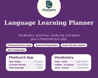 Puede incluir: Un planificador digital de idiomas morado de PlanHarbor Studio con aplicación de tarjetas, vocabulario, gramática y objetivos. La interfaz muestra estadísticas como 12 palabras pendientes, una racha de 6 días y un promedio de quiz del 88%.