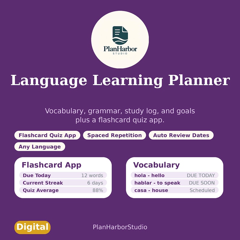 May include: A purple digital language learning planner by PlanHarbor Studio featuring a flashcard quiz app, vocabulary, grammar, study log, and goals. The interface displays statistics like a 12-word due today count, a 6-day streak, and an 88% quiz average.