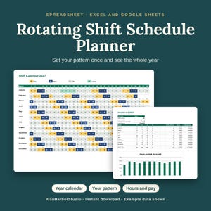 Può includere: Un pianificatore digitale di turni rotativi per Excel e Google Sheets. L'interfaccia mostra un calendario dei turni 2027 con codici colore per giorni, notti, riposi e ferie, insieme a un dashboard con dati su ore lavorate e retribuzione.