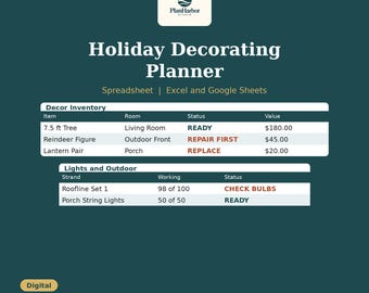Puede incluir: Una hoja de cálculo digital de planificador de decoración navideña para Excel y Google Sheets de PlanHarbor Studio. La interfaz muestra una tabla de inventario de decoración y un rastreador de luces con columnas de estado.