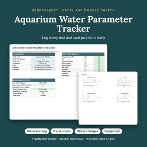 Könnte beinhalten: Eine Aquarium-Wasserparameter-Tracker-Tabelle für Excel und Google Sheets. Die Benutzeroberfläche zeigt Beckenprofile, aktuelle Testergebnisse, Wartungsstatus und Trenddiagramme für Temperatur, pH-Wert, Ammoniak und Nitrat in digitaler Form.