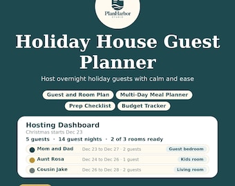 Puede incluir: Un planificador digital Holiday House Guest Planner de PlanHarbor Studio con un panel de control de alojamiento que incluye secciones para planificar invitados, comidas, listas de preparación y presupuesto.