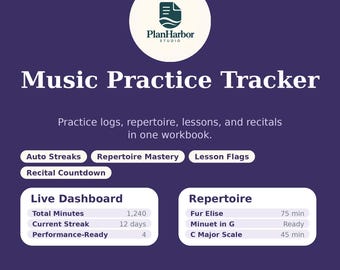 Puede incluir: Un cuaderno digital de seguimiento de práctica musical de PlanHarbor Studio con fondo morado oscuro. Incluye secciones para registros de práctica, repertorio, lecciones y recitales, además de un panel de control y una lista de piezas musicales.