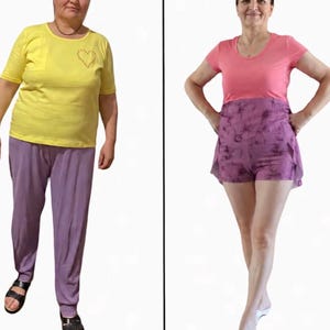 Può includere: Un confronto fianco a fianco che mostra una trasformazione. A sinistra, una maglietta gialla e pantaloni viola. A destra, una maglietta rosa e pantaloncini viola a fantasia. Il testo include Rezultat Fit9, -28kg, POV: Ti chiedono il segreto, VARA ASTA SE POARTA FIT9.