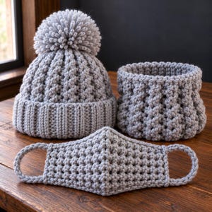 Chunky Crochet Pattern PDF, Pom-Pom Beanie, Neck Warmer & Face Cover Set, Easy Winter Accessories, Beginner Friendly Instant Download