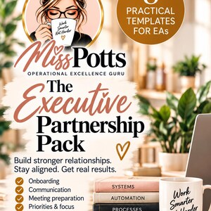 Könnte beinhalten: Ein digitaler Flyer für The Executive Partnership Pack von Miss Potts, mit einer Illustration einer Person mit Tasse, einer Liste von 8 Vorlagen und einem Stapel von vier Büchern mit der Aufschrift Systems, Automation, Processes, Results und einer Tasse.