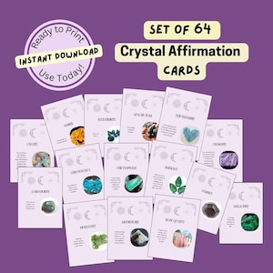 Printable Affirmation Card Deck, Healing Gemstones, 64 Full-Color Gemstone Cards, Inspirational Positive Affirmation, Downloadable PDF file