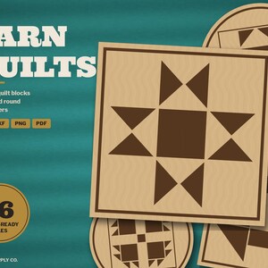 Barn Quilt Coaster SVG Bundle, 8 Laser Cut Files, Square and Round, Iowa Farm Quilt Block Engrave File, Glowforge LightBurn xTool DXF image 1