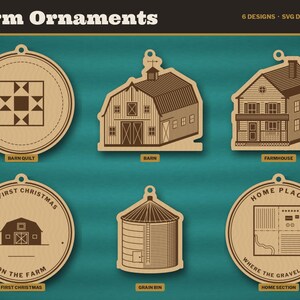 Farm Christmas Ornament SVG Bundle, Our First Christmas on the Farm, Barn Farmhouse Grain Bin Ornament Laser Cut File, Glowforge DXF image 2