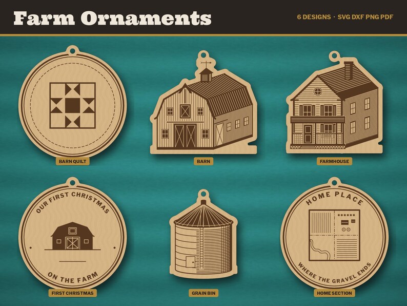 Farm Christmas Ornament SVG Bundle, Our First Christmas on the Farm, Barn Farmhouse Grain Bin Ornament Laser Cut File, Glowforge DXF image 2