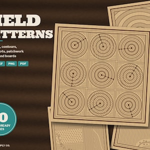 May include: A digital graphic set titled FIELD PATTERNS featuring ten laser-ready files in SVG, DXF, PNG, and PDF formats. The design displays square panels with concentric circle patterns, crop rows, and contours in brown and cream tones.