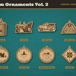 May include: A collection of eight wooden farm-themed Christmas ornaments featuring laser-cut designs including a grain bin, tractor, truck, barn, and circular or diamond-shaped plaques with text like Merry Christmas and Home for Christmas.