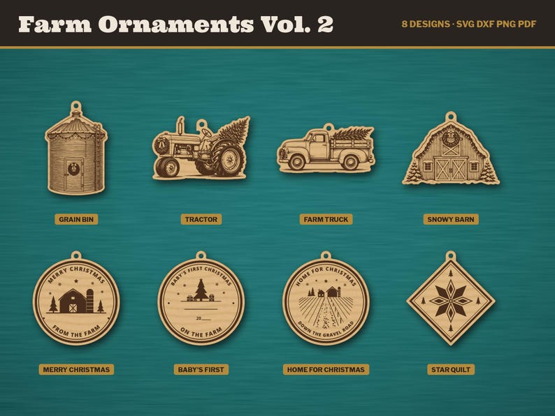 May include: A collection of eight wooden farm-themed Christmas ornaments featuring laser-cut designs including a grain bin, tractor, truck, barn, and circular or diamond-shaped plaques with text like Merry Christmas and Home for Christmas.
