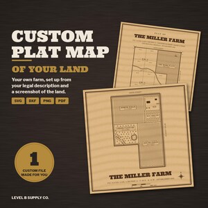 May include: A custom plat map of The Miller Farm displayed on two tan square sheets with black line drawings, text, and grid patterns. The text includes Custom Plat Map of Your Land, SVG, DXF, PNG, PDF, and Level B Supply Co.