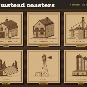 Farmstead SVG Bundle, Barn Grain Bin Silo Windmill Quonset Farmhouse Laser File, Farm Skyline Sign, Coaster Engrave File DXF image 2