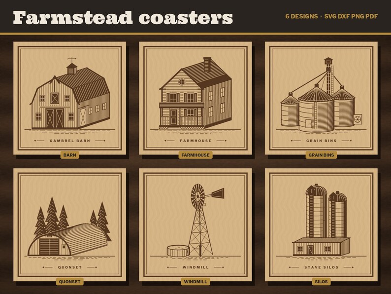Farmstead SVG Bundle, Barn Grain Bin Silo Windmill Quonset Farmhouse Laser File, Farm Skyline Sign, Coaster Engrave File DXF image 2