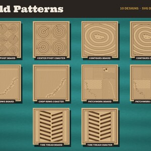 May include: A digital collection titled Field Patterns featuring 10 designs in SVG, DXF, PNG, and PDF formats. The image displays square tan-colored graphics with black line art depicting agricultural themes like center pivots, contours, crop rows, patchwork, and tire treads for boards and coasters.