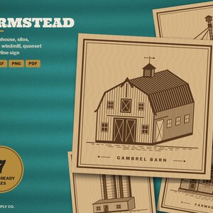 Farmstead SVG Bundle, Barn Grain Bin Silo Windmill Quonset Farmhouse Laser File, Farm Skyline Sign, Coaster Engrave File DXF image 1