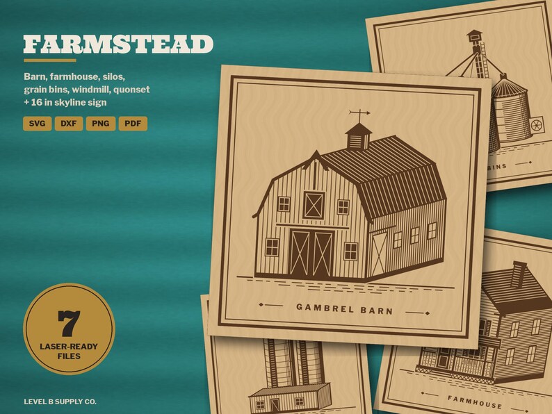 Farmstead SVG Bundle, Barn Grain Bin Silo Windmill Quonset Farmhouse Laser File, Farm Skyline Sign, Coaster Engrave File DXF image 1