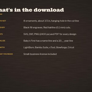 May include: A digital file information graphic titled What's in the download. It lists 8 ornaments at 3.5 inches with hanging holes, laser ready black fill and red 0.1 mm cut lines, 4 formats including SVG, DXF, PNG, and PDF, and software compatibility.