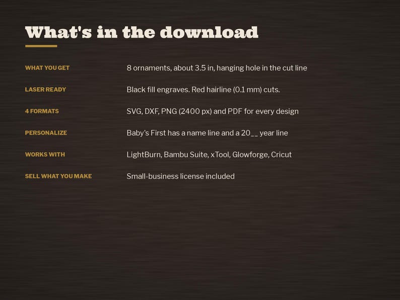 May include: A digital file information graphic titled What's in the download. It lists 8 ornaments at 3.5 inches with hanging holes, laser ready black fill and red 0.1 mm cut lines, 4 formats including SVG, DXF, PNG, and PDF, and software compatibility.